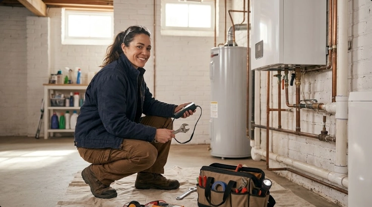 Licensed plumber testing black iron natural gas pipe manifold with digital pressure manometer and combustible gas detector