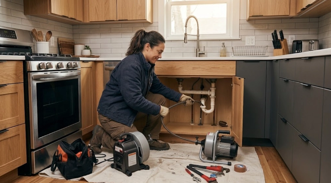 Professional plumbing technician operating a heavy-duty electric drain snake to clear grease and hair clogs from a kitchen sink waste pipe