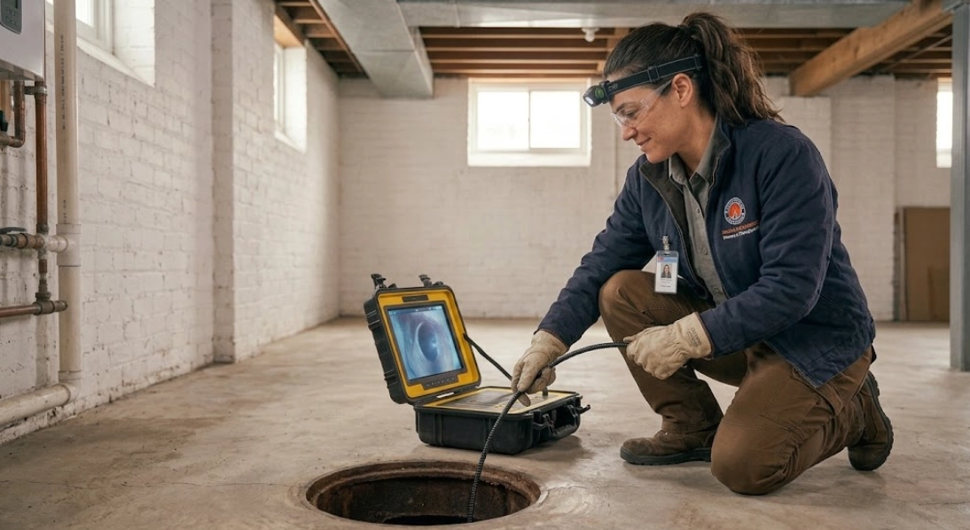 Plumbing technician viewing live high-definition color video screen during a fiber-optic sewer line camera inspection in Brooklyn