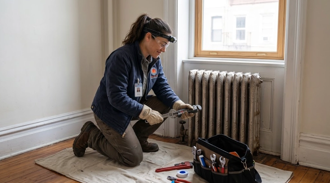 Professional servicing of a cast-iron steam radiator shutoff valve and air vent in a historic Brooklyn brownstone residence