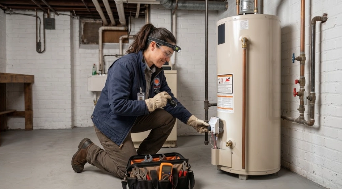 Technician performing precision gas valve and pilot assembly inspection on a residential water heater in a Brooklyn basement mechanical room